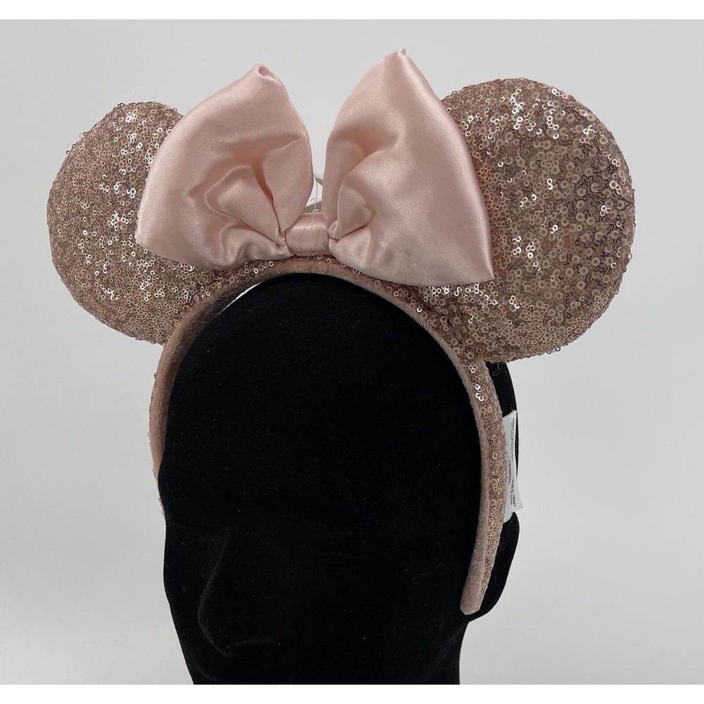 Disney Parks Sequined Rose Gold w/ Fabric Bows Minnie Mouse Ears Headband NWT